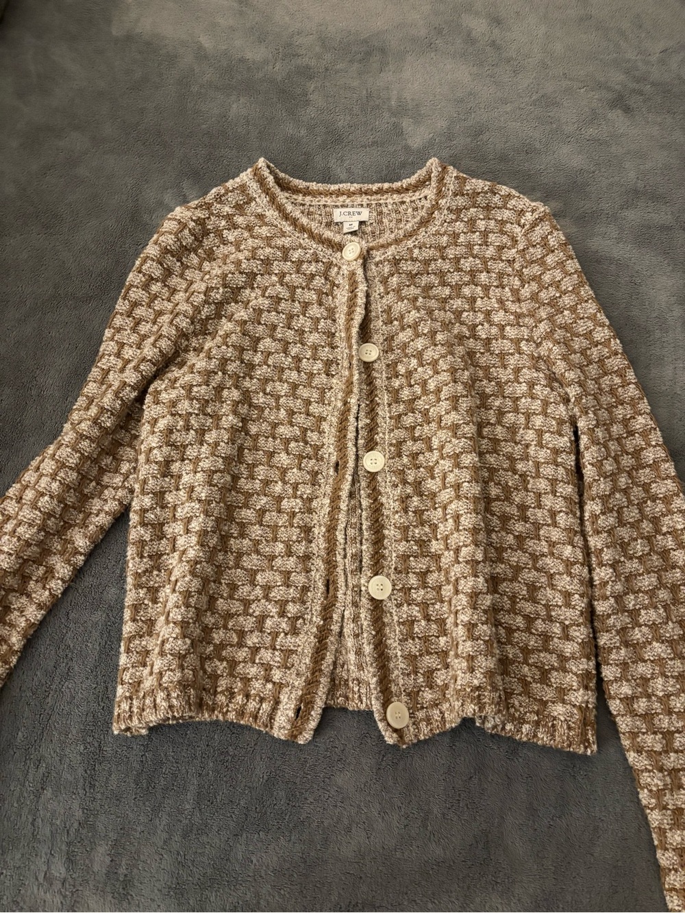 J. Crew Textured Tweed Cream and Brown Button-Front Cardigan
